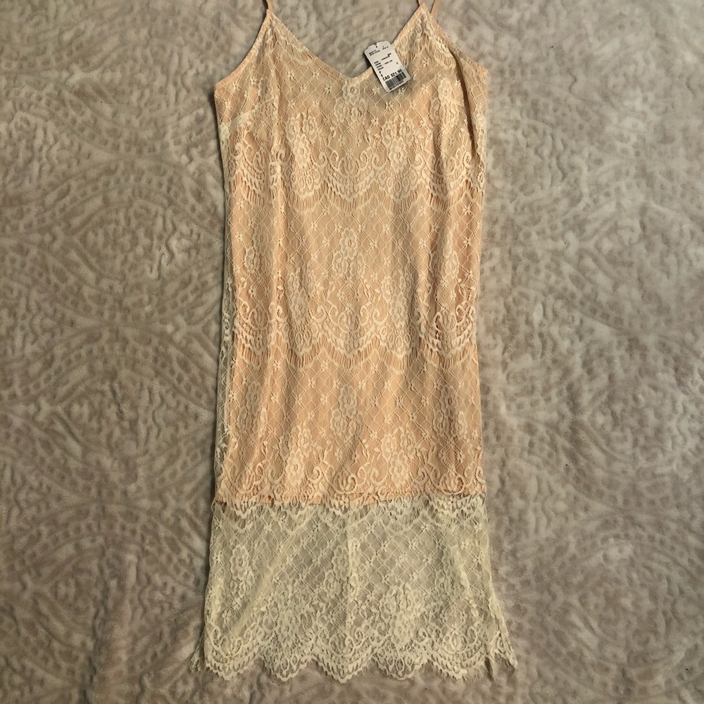 White Lace Midi Dress with Cream Underlay